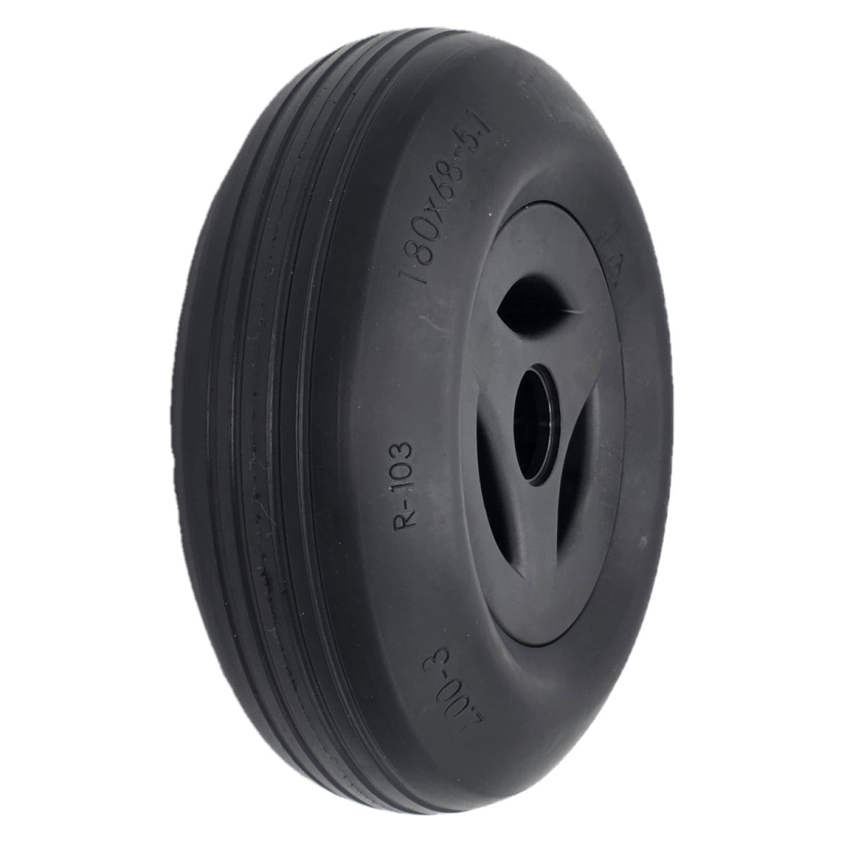The replacement 2.50-3 (180 x 68) Caster Wheel for Permobil M1 and Permobil M3 Wheelchairs features a black solid rib tire and stylish black rim.