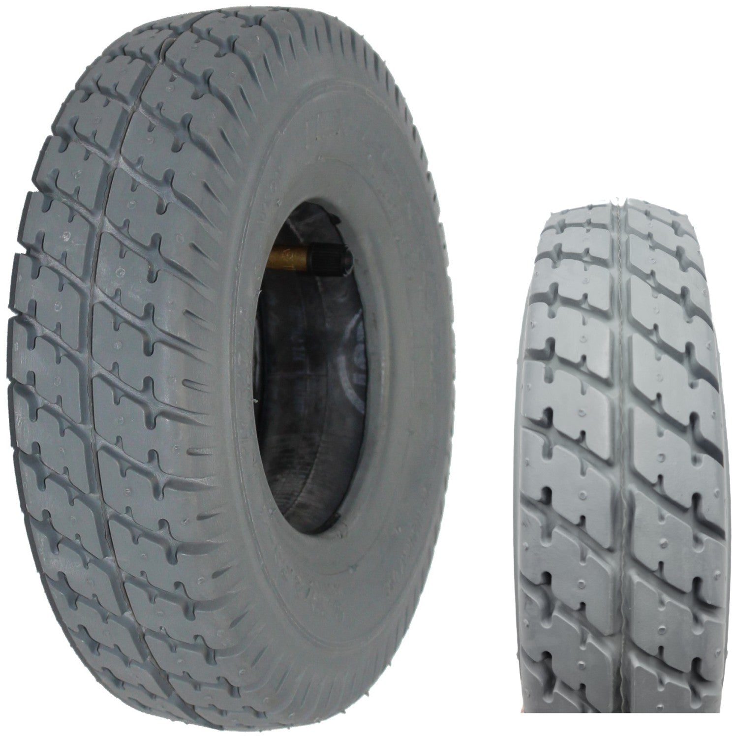 Angled view showing 2.80x2.50-4 Primo Durotrap Wheelchair and Scooter Tire with close up of C-9210 gray tread