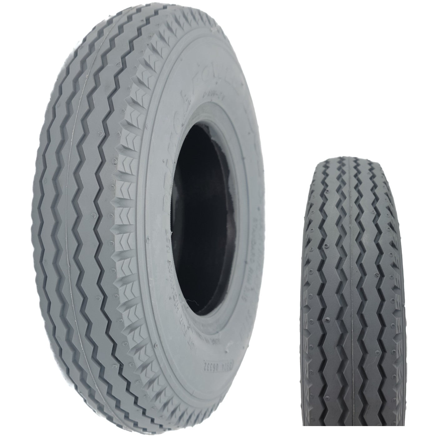Close-up view of 280 x 250-4 (9 x 2 3/4) Primo Power Edge Sawtooth Wheelchair and Scooter Tire showing gray sawtooth tread.