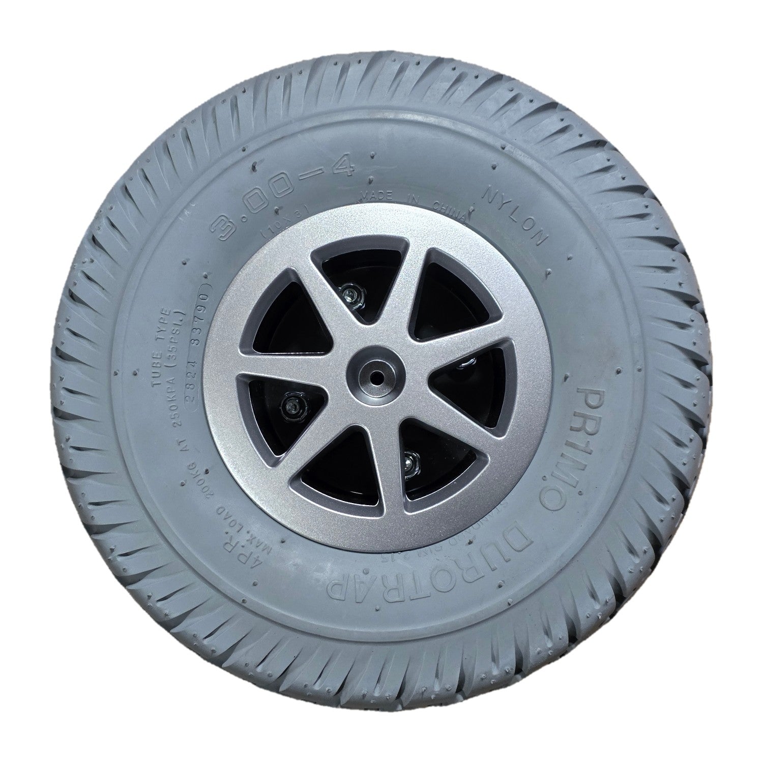 Front view of the 3.00-4 Primo Durotrap Drive Wheel For The Jazzy Select 6 features an assembled gray tire and 7 spoke rim. Pride Mobility part WHLASMB1728