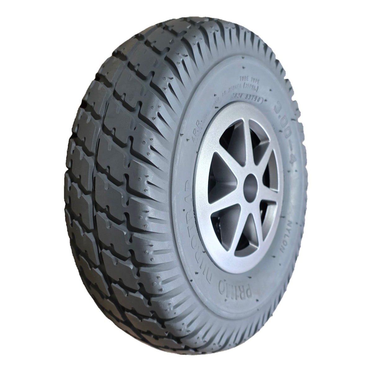 The 3.00-4 Primo Durotrap Drive Wheel For The Jazzy Select 6 features an assembled gray tire and 7 spoke rim for easy install. OEM Pride Mobility part WHLASMB1728