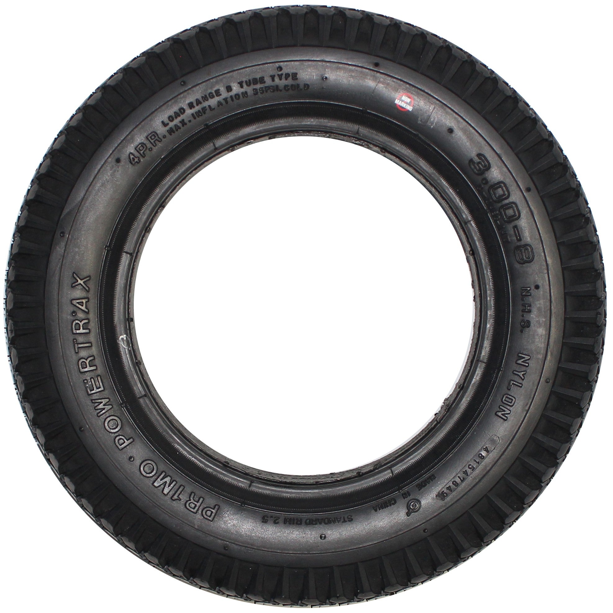Side view of The 3.00-8 (14 x 3 in.) Black Foam Filled Wheelchair Tire for ROVI Wheelchairs fits A3 and X3 models. In non-marking black compound with a knobby design tread.