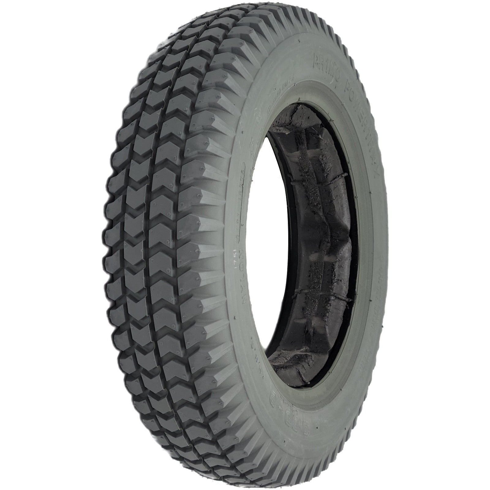 Angled view of the 3.00-8 (14 x 3 in.) Primo Powertrax drive Tire for Quantum Q6 Edge Wheelchair in gray color