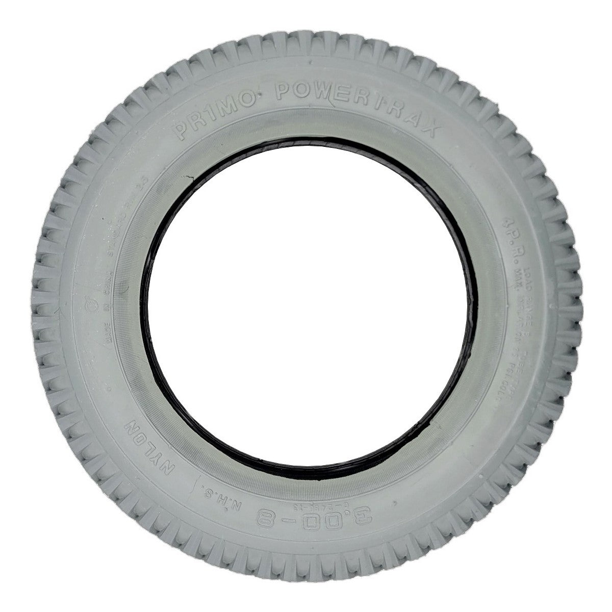 The 3.00-8 (14 x 3 in.) Primo Powertrax foam filled gray wheelchair tire is the most common electric wheelchair tire size and tread pattern