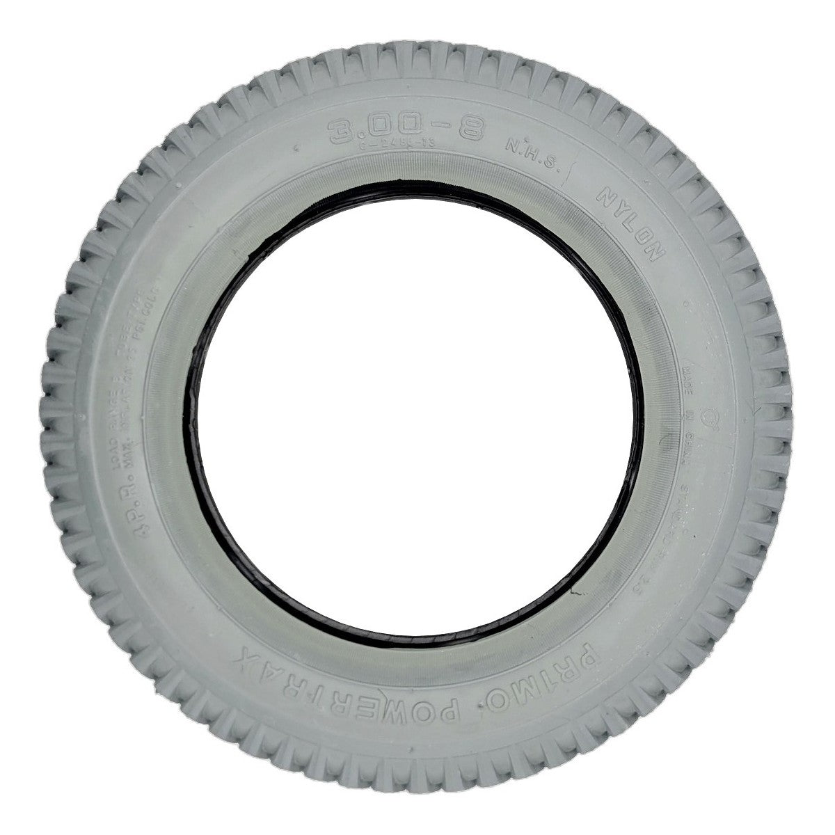 The 3.00-8 (14 x 3 in.) Primo Powertrax foam filled gray wheelchair tire is the most common electric wheelchair tire size and tread pattern