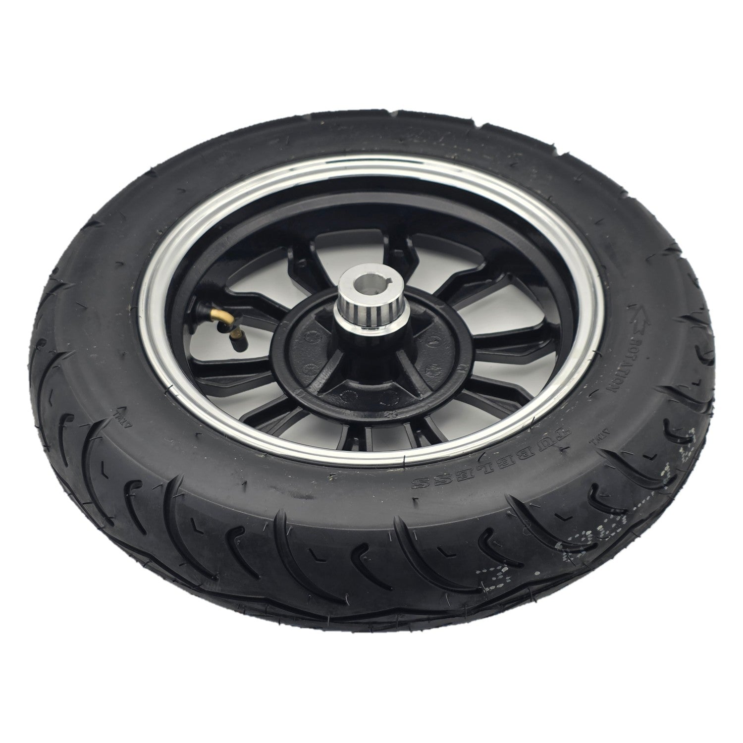 Close up view of the replacement 3.00-10 Rear Drive Wheel For Pride Baja Raptor 2 Mobility Scooter comes ready to install with metal rim and black tire.