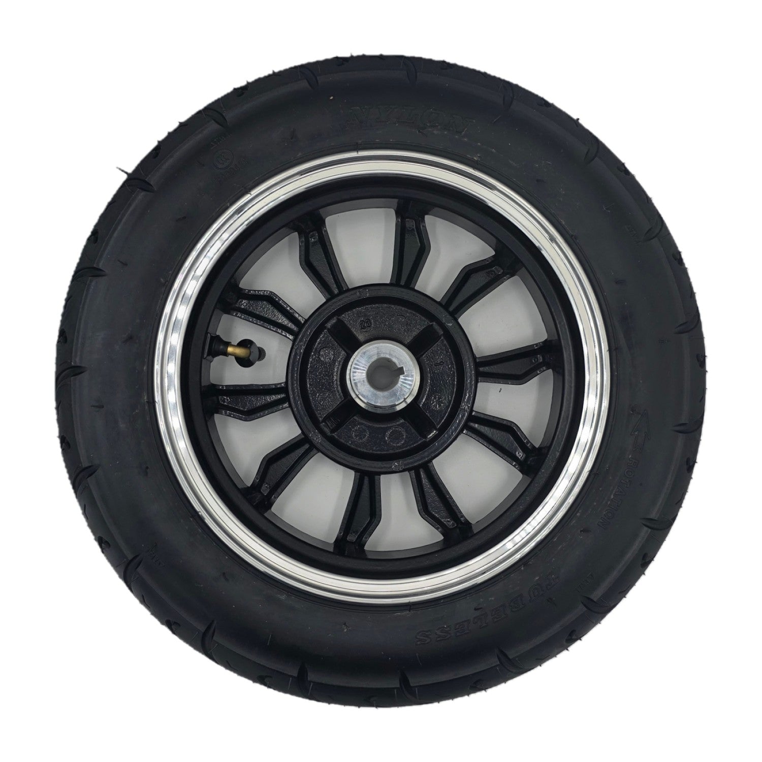Back view of the replacement 3.00-10 Rear Drive Wheel For Pride Baja Raptor 2 Mobility Scooter comes ready to install with metal rim and black tire.