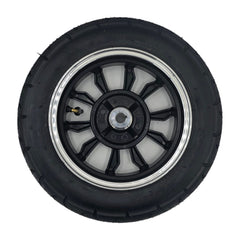 Back view of the replacement 3.00-10 Rear Drive Wheel For Pride Baja Raptor 2 Mobility Scooter comes ready to install with metal rim and black tire.