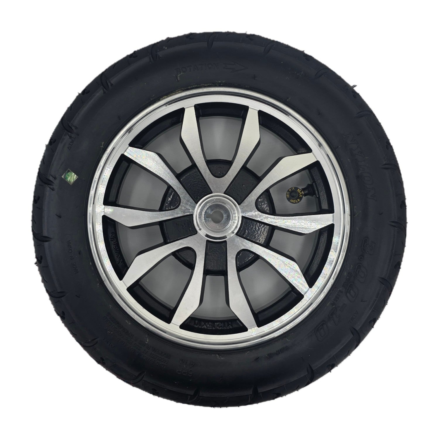 Front view of the replacement 3.00-10 Rear Drive Wheel For Pride Baja Raptor 2 Mobility Scooter comes ready to install with metal rim and black tire.