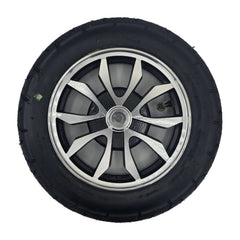 Front view of the replacement 3.00-10 Rear Drive Wheel For Pride Baja Raptor 2 Mobility Scooter comes ready to install with metal rim and black tire.