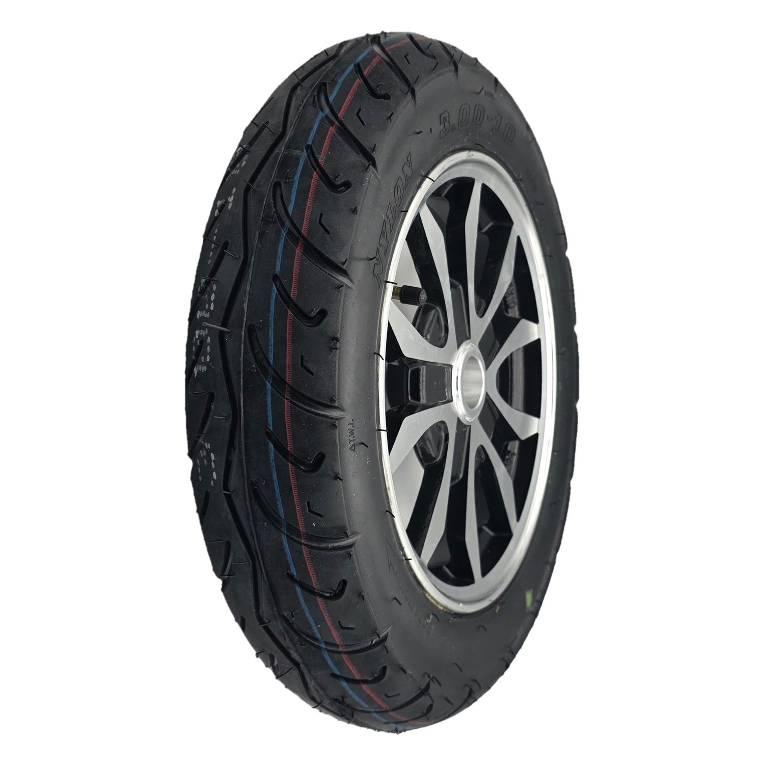 The replacement 3.00-10 Rear Drive Wheel For Pride Baja Raptor 2 Mobility Scooter comes ready to install with metal rim and black tire.