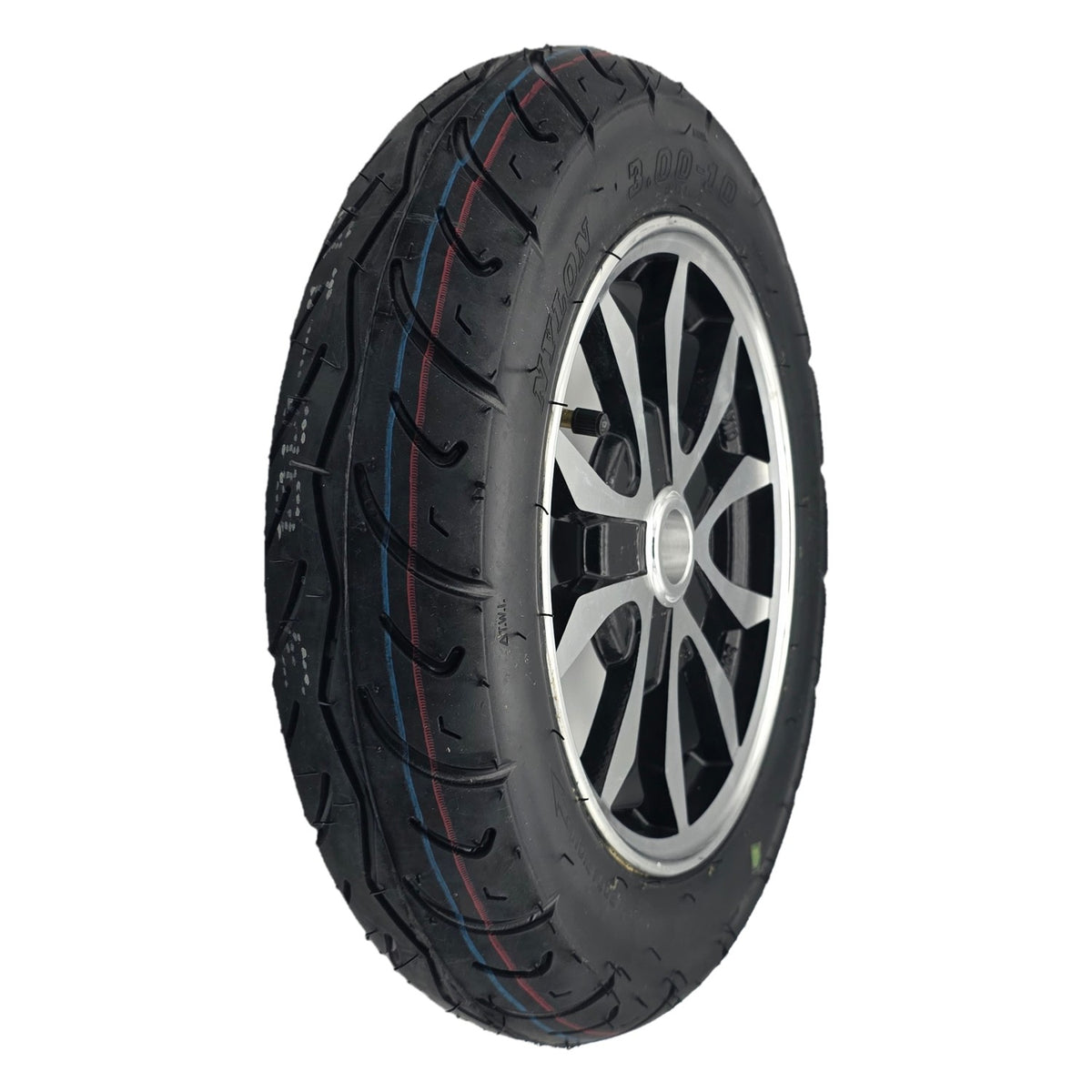 The replacement 3.00-10 Rear Drive Wheel For Pride Baja Raptor 2 Mobility Scooter comes ready to install with metal rim and black tire.
