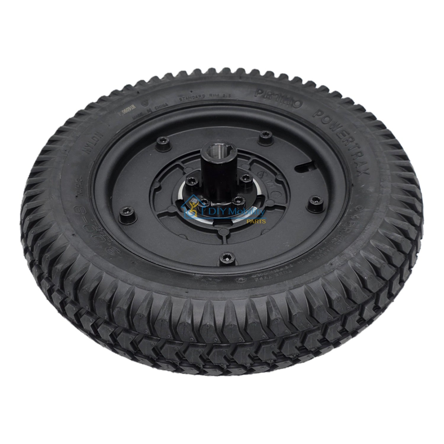 Back view of Black 3.00-8 Pr1mo Powertrax Drive Wheel assembly for Invacare AVIVA Power Wheelchair STORM RX and FX models