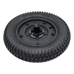 Back view of Black 3.00-8 Pr1mo Powertrax Drive Wheel assembly for Invacare AVIVA Power Wheelchair STORM RX and FX models