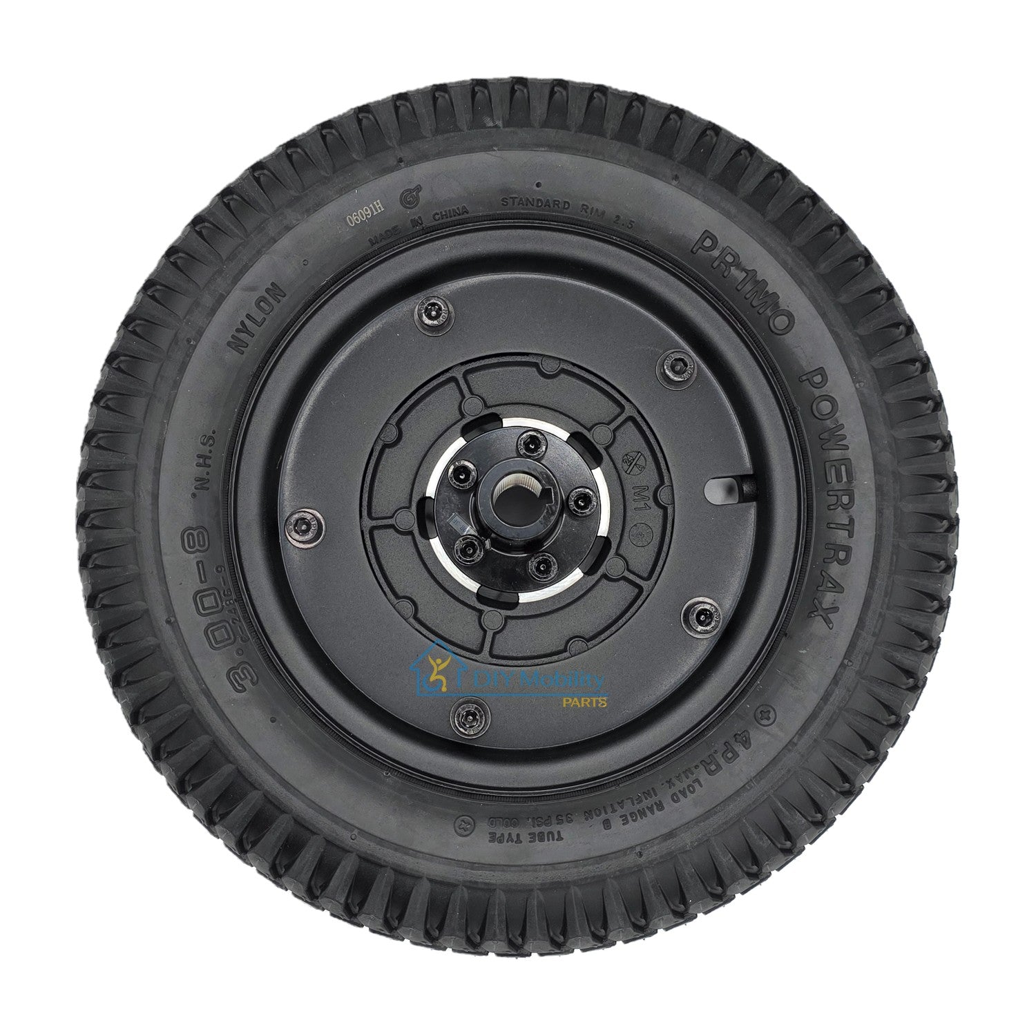 Bottom view of Black 3.00-8 Pr1mo Powertrax Drive Wheel assembly for Invacare AVIVA Power Wheelchair STORM RX and FX models