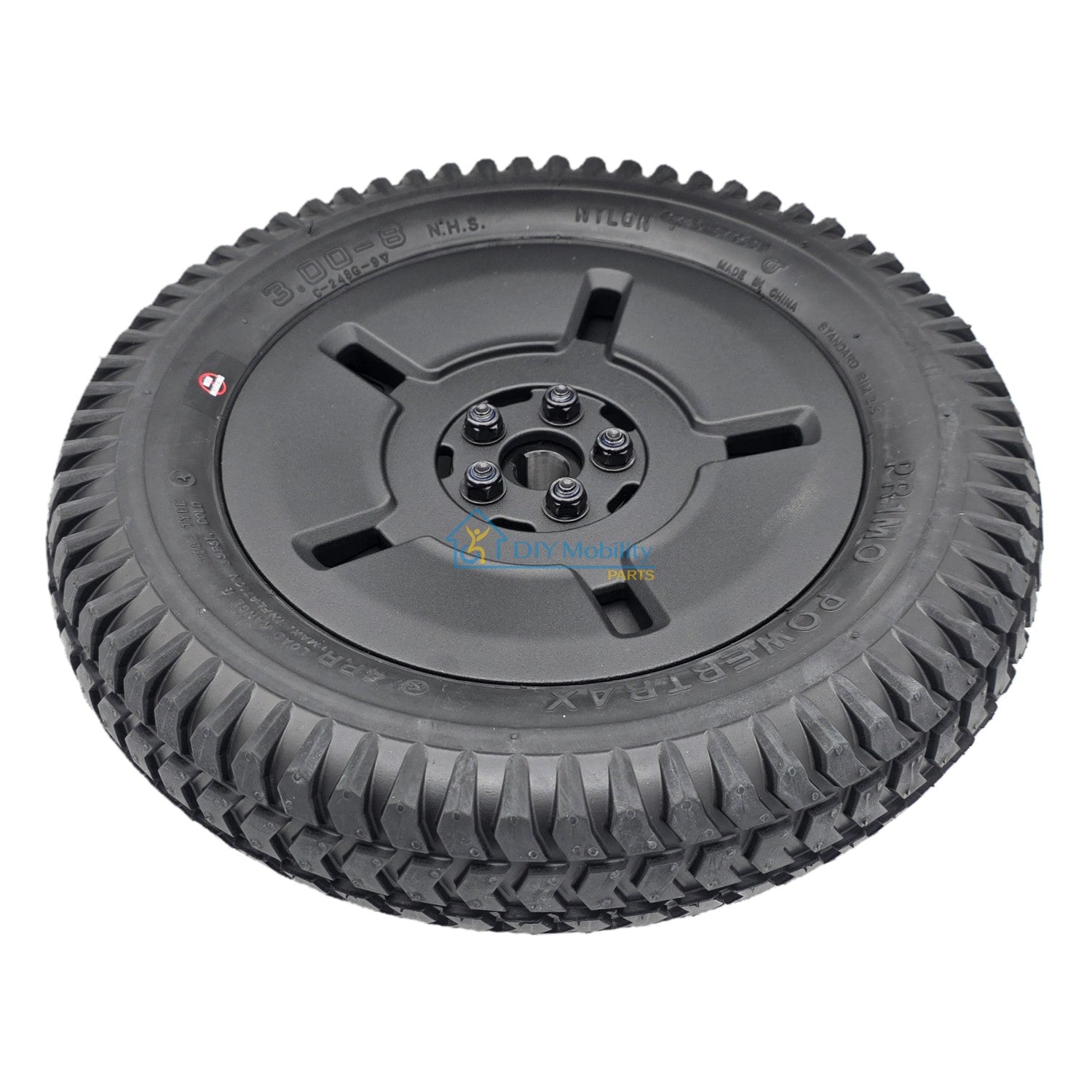 Angled view of Black 3.00-8 Pr1mo Powertrax Drive Wheel assembly for Invacare AVIVA Power Wheelchair STORM RX and FX models