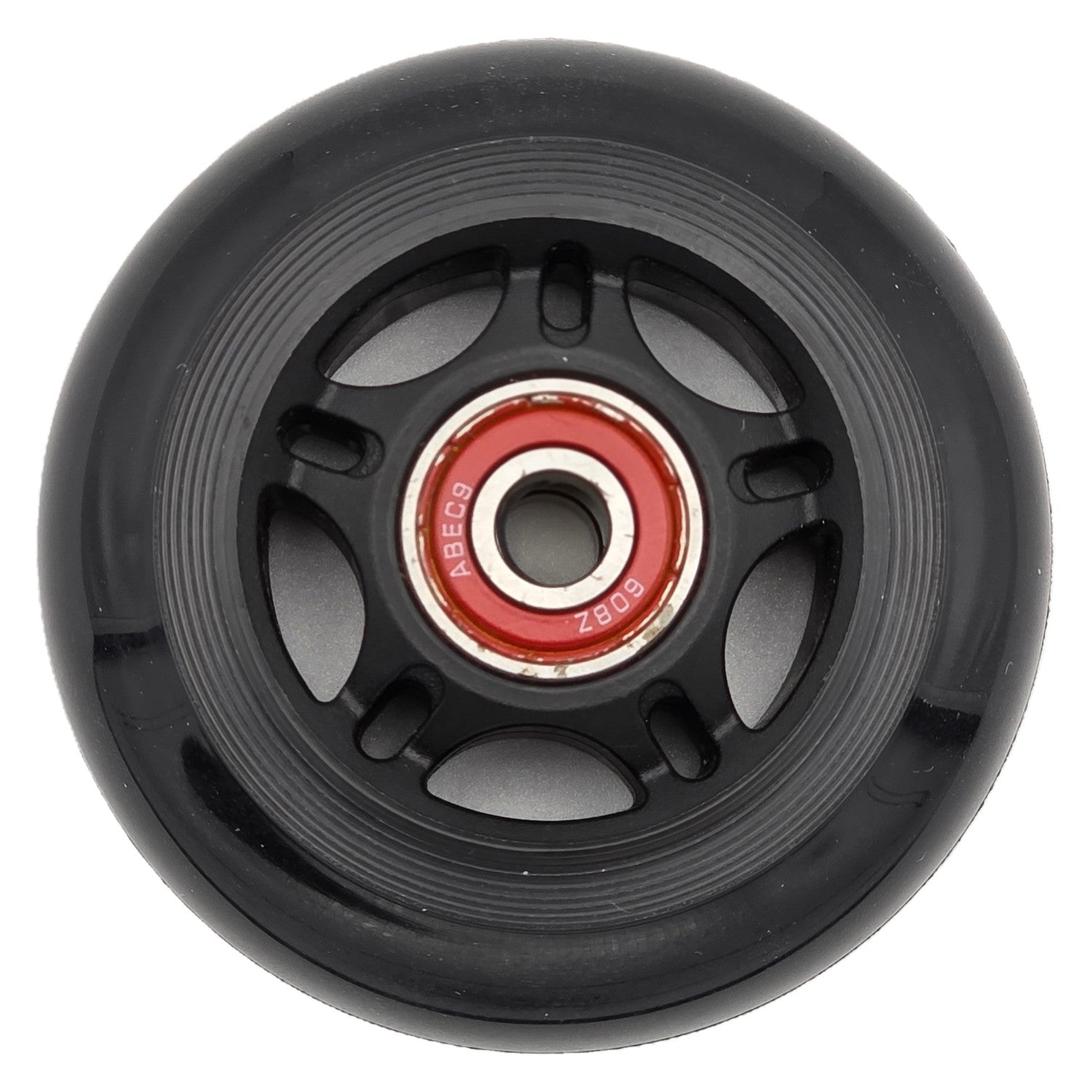 The 3 x 1 in. Anti-Tip Black Caster Wheel for Wheelchairs and Scooters features a roller blade design with black spokes and red bearing.
