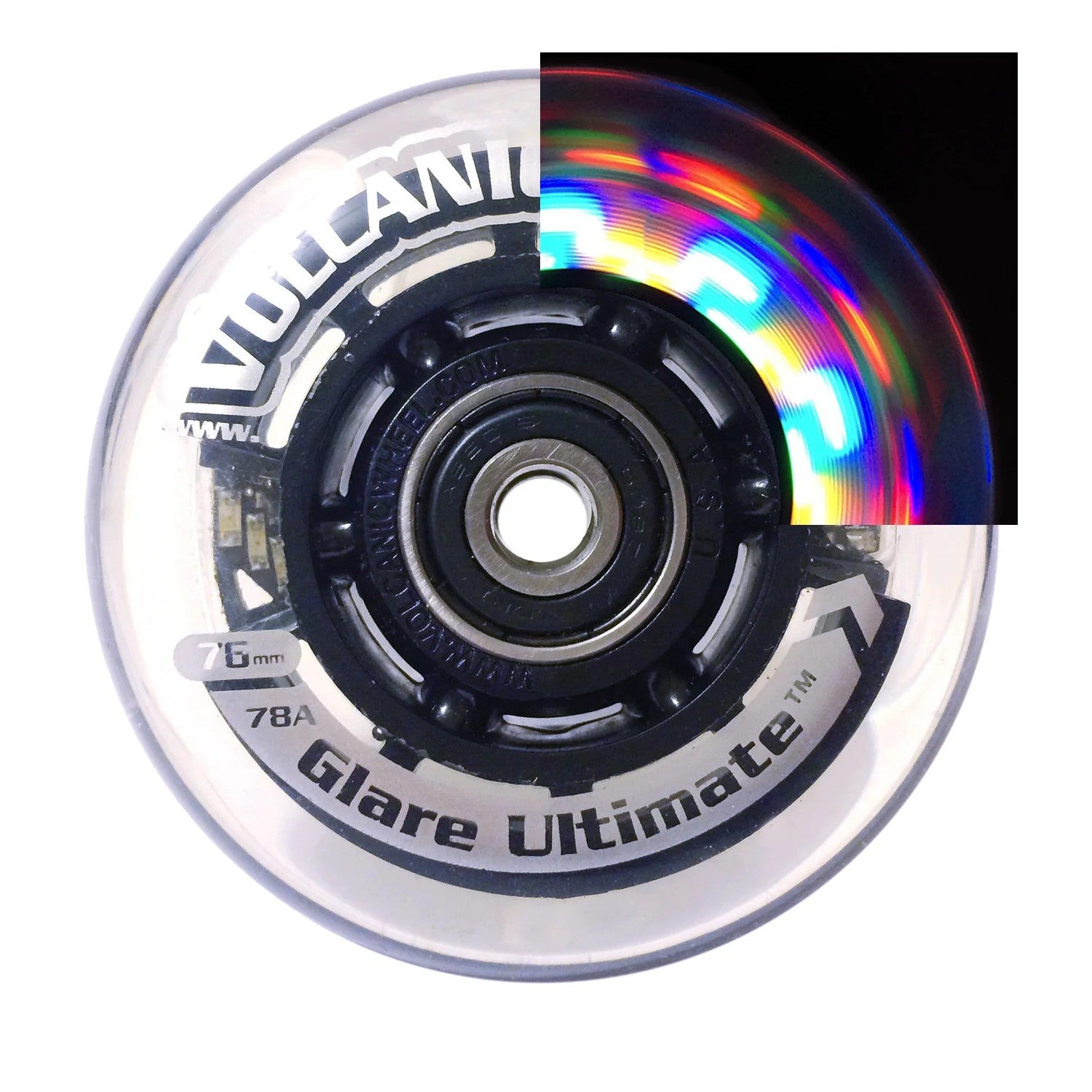 Close up view of 3 x 1 in. (76 mm) Volcanic Light-Up Wheelchair Caster Wheel with multicolor LED lights on
