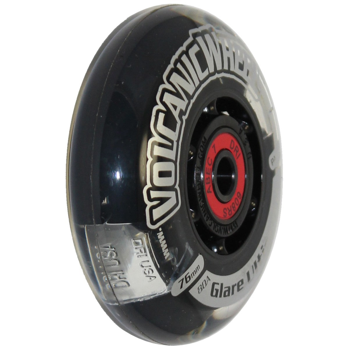 Close up view of 3 x 1 in. (76 mm) Volcanic Light-Up Wheelchair Caster Wheel with multicolor LED lights