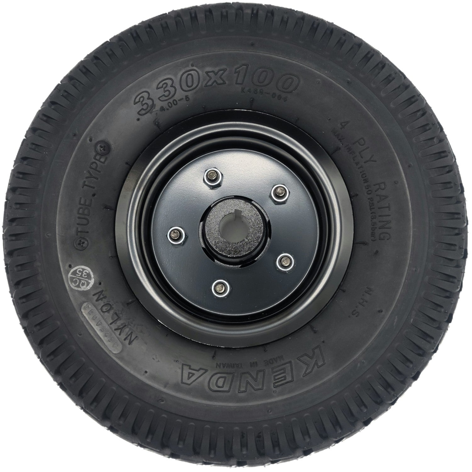 Back view of 4.00-5 (330x100) Drive Wheel for the Merits Vision Super Wheelchair show K469 black tread.