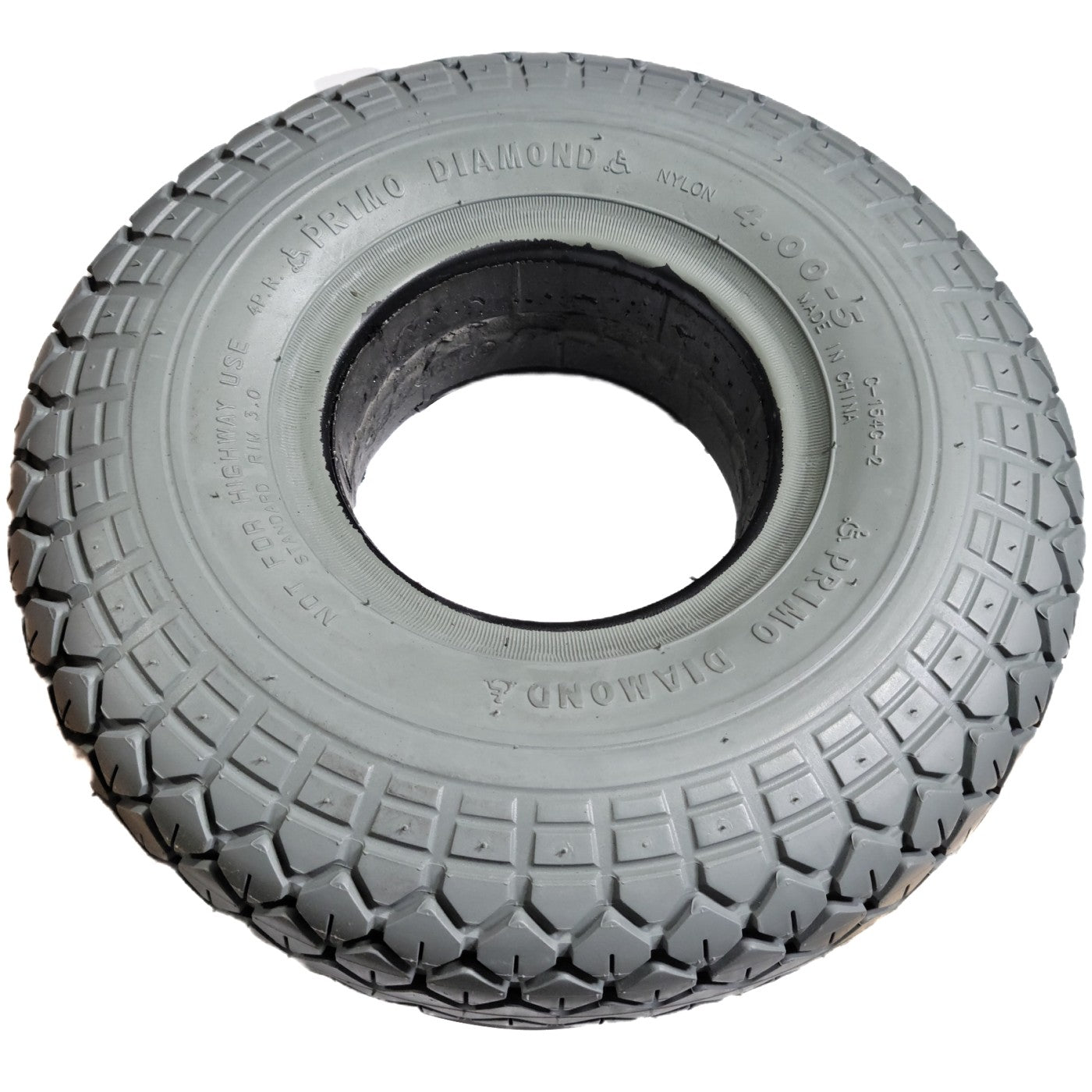 Angled View of 4.00-5 Diamond Foam Filled Wheelchair and Scooter Tire showing sidewall and flat free foam inner.