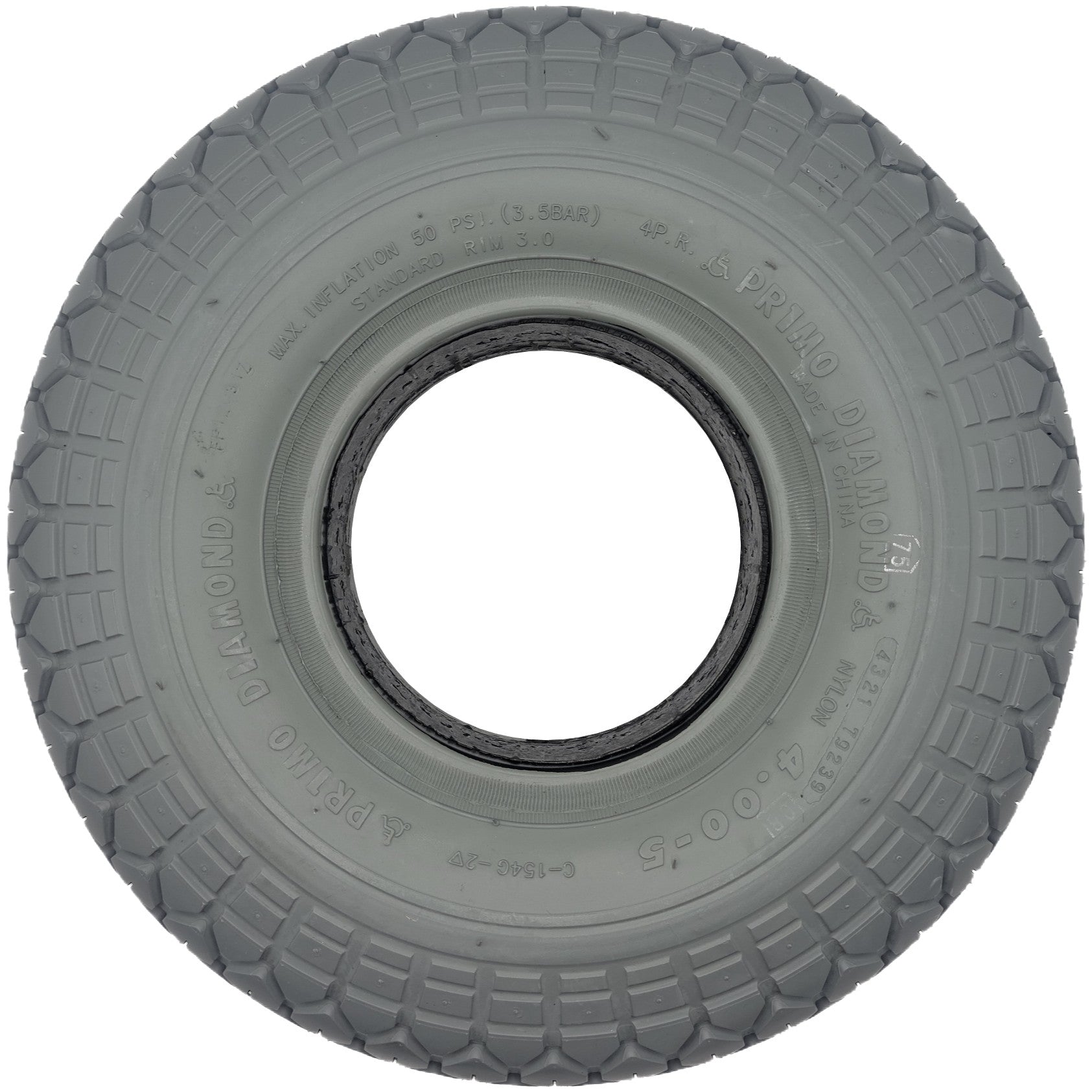 Side wiew of 4.00-5 Diamond Foam Filled Wheelchair and Scooter Tire showing with C-154G, Standard Rim 3.0, and Nylon markings
