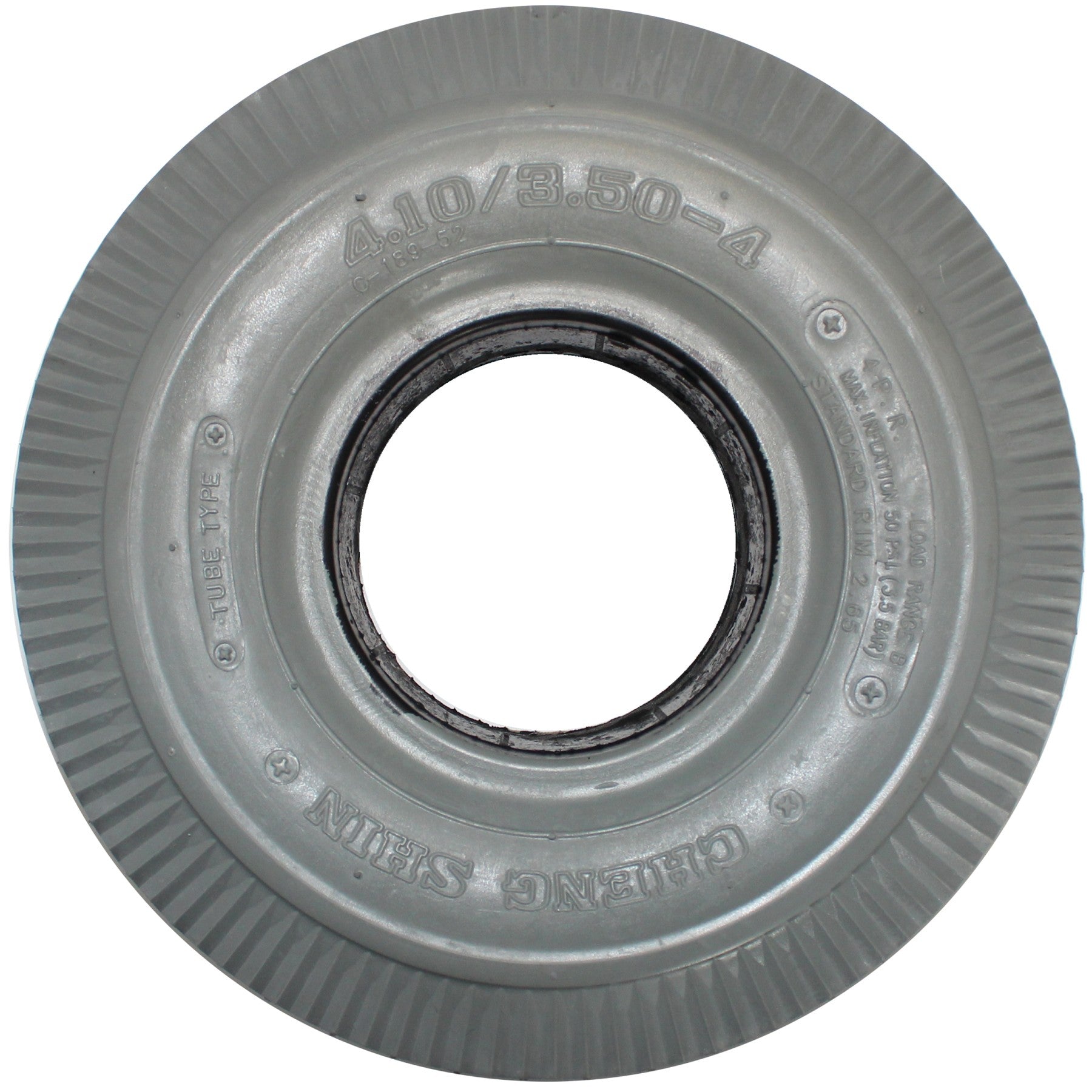 Side view of 4.10 x 3.50-4 Sawtooth Foam Filled Wheelchair and Scooter Tire with C-189 tread in Gray