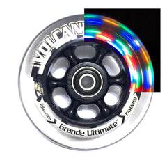 Angled view of the 4 x 1 in. (100 mm) Volcanic Light-Up Wheelchair Caster Wheel with multicolored LEDs lights illuminated