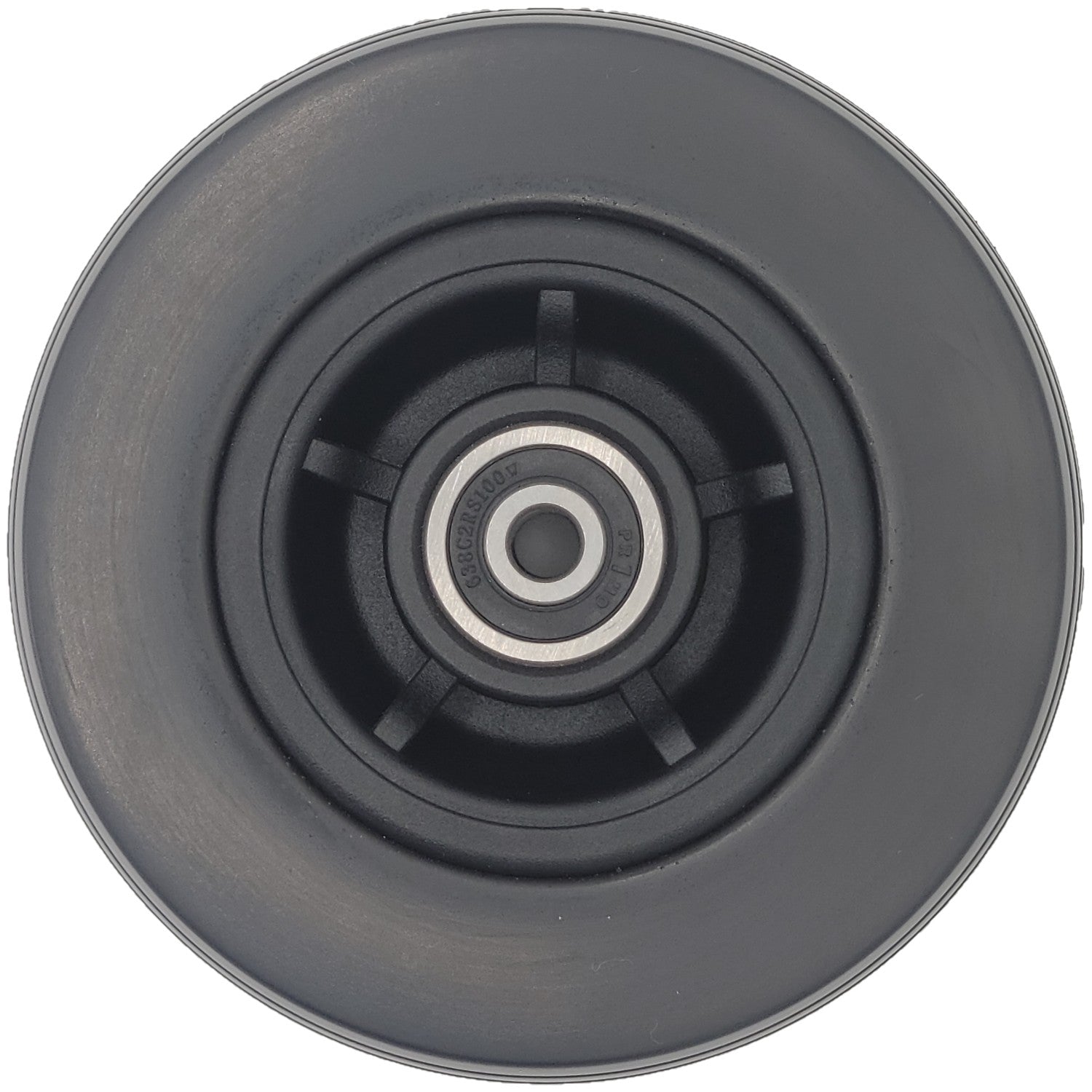 Side view of the 5 x 1 3/4 in. Pride Wheelchair Front Caster Wheel Assembly was designed as a replacement anti-tip caster for many Pride Quantum and Jazzy wheelchairs in black