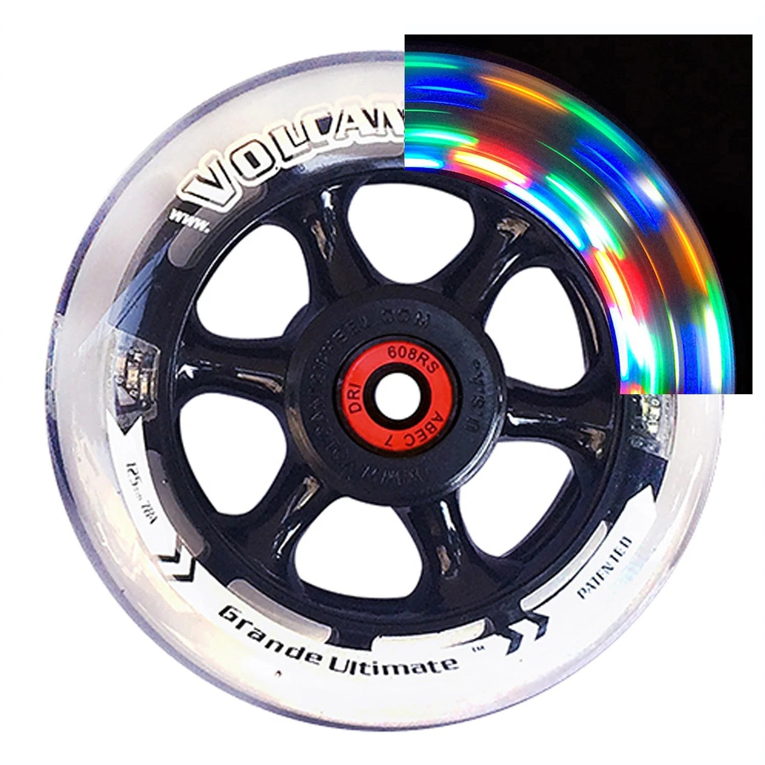 Front view of 5 x 1 in. (125 mm) Volcanic Light-Up Wheelchair Caster Wheel with multicolor LED Lights illuminated