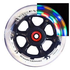 Front view of 5 x 1 in. (125 mm) Volcanic Light-Up Wheelchair Caster Wheel with multicolor LED Lights illuminated