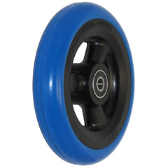 Close up view of the 5 x 1 in. Shox Hollow Spoke Wheelchair Caster Wheel shown in blue