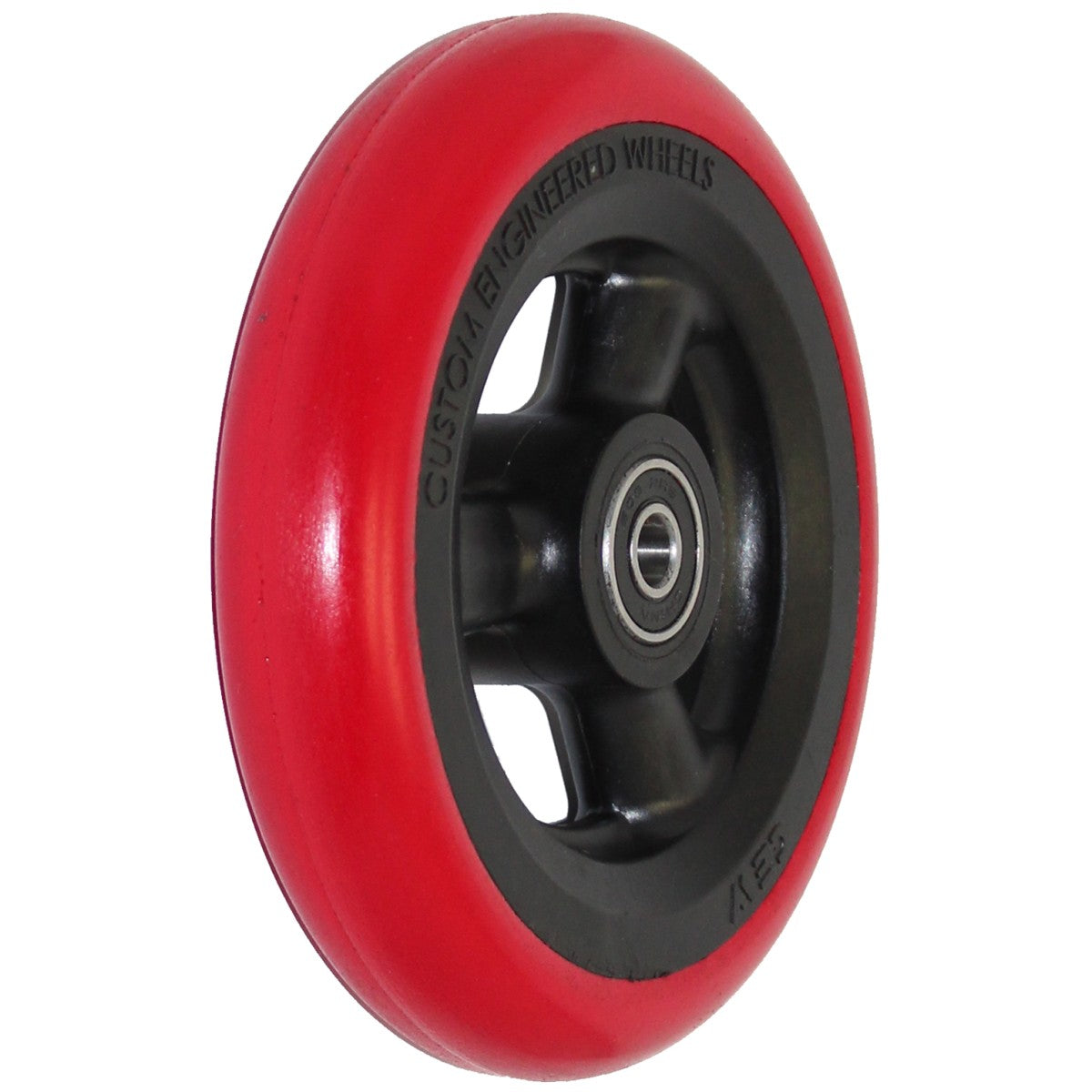 Close up view of the 5x1 Shox Hollow Spoke Wheelchair Caster Wheel in red