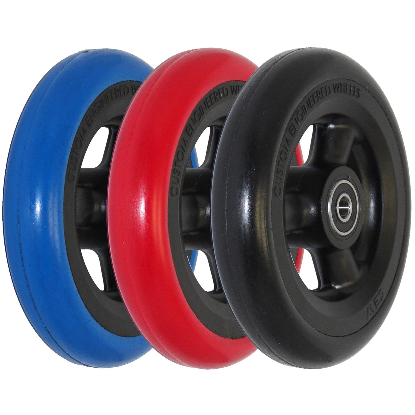 Close up view of the 5x1 Shox Hollow Spoke Wheelchair Caster Wheel showing blue, red, and black colors