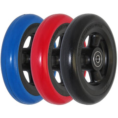 Close up view of the 5x1 Shox Hollow Spoke Wheelchair Caster Wheel showing blue, red, and black colors