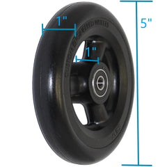 Close up view of the 5x1 Shox Hollow Spoke Wheelchair Caster Wheel showing product dimensions