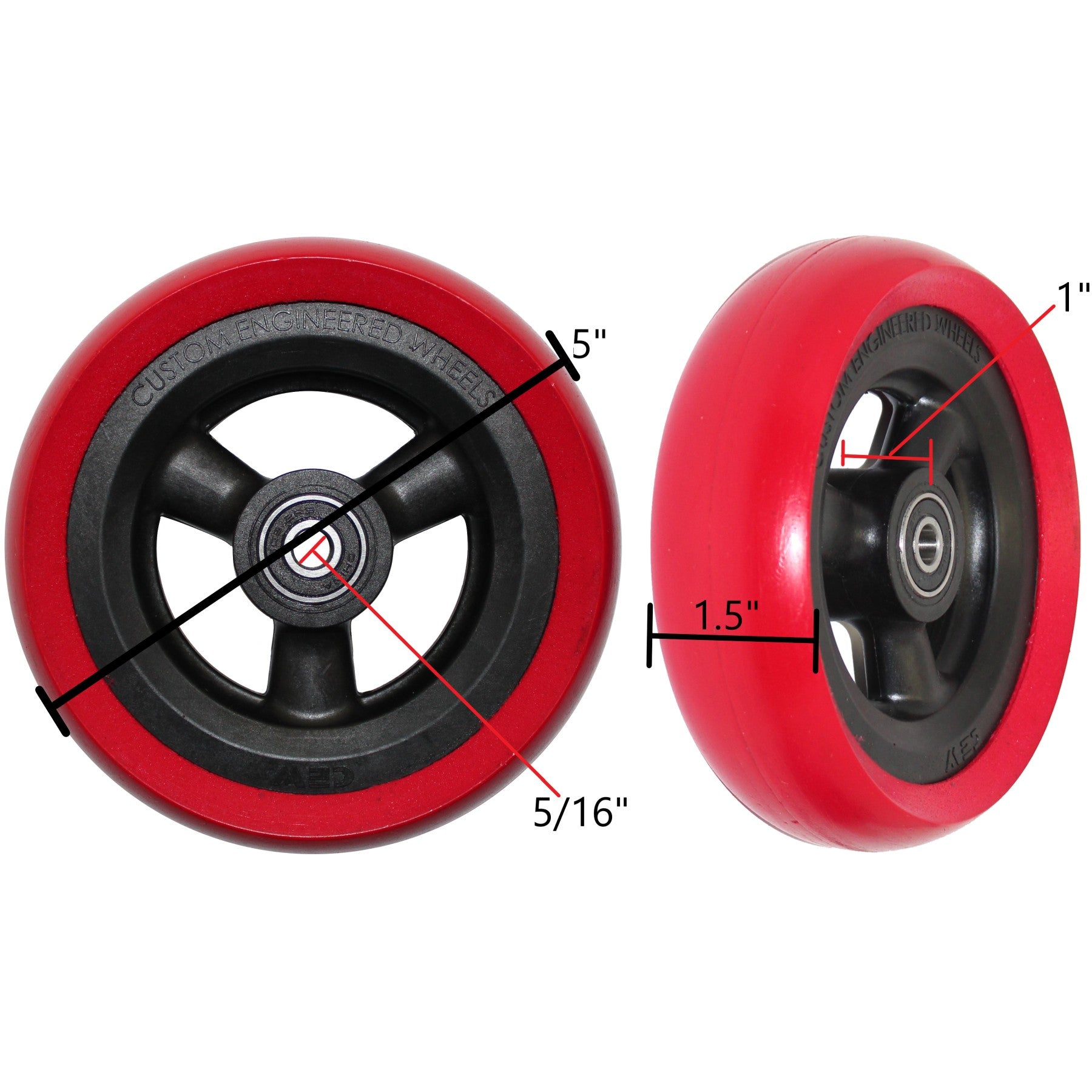 Close up view of 5 x 1.5 in. Hollow Spoke Wheelchair Caster Wheel showing dimensions