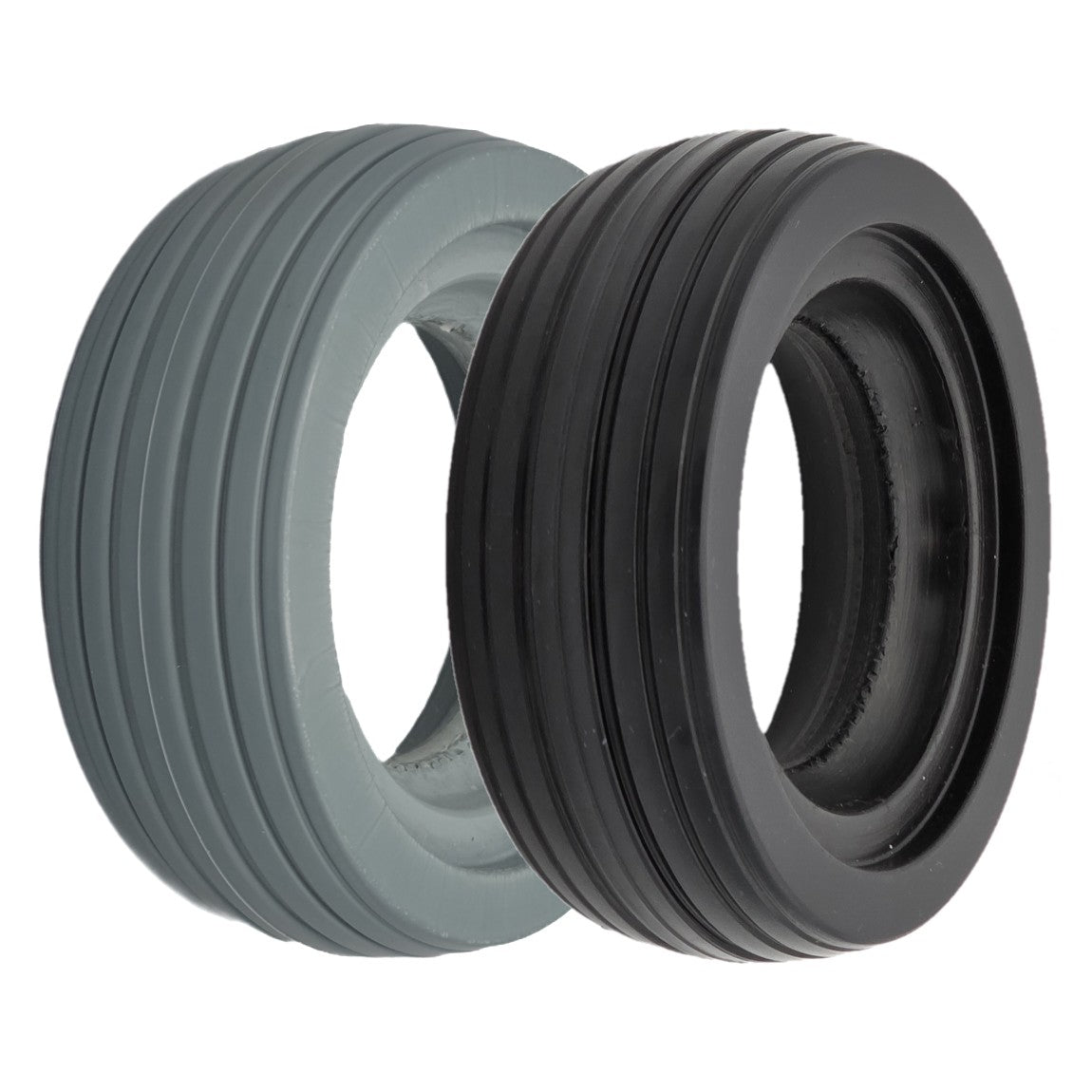 Angled view of 6 x 2 in. (150x50) Ribbed solid Urethane Wheelchair Tire for caster wheels in Black and Gray