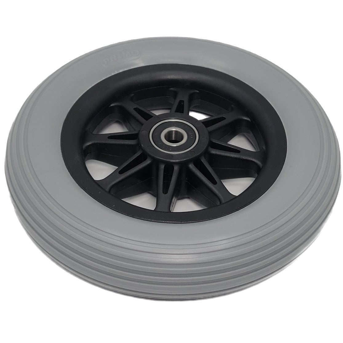 Angled view of the 6 x 1 in. Eight Spoke front Anti-Tip Caster Wheel for Pride Wheelchairs shown