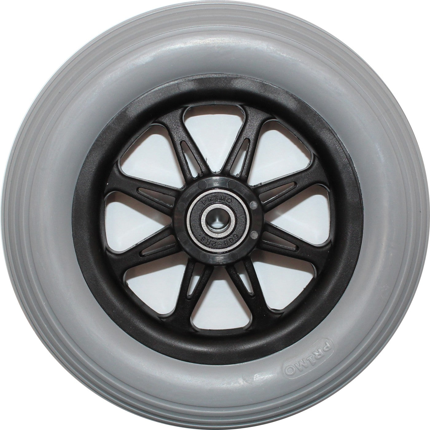 Front view of the 6 x 1 in. Eight Spoke Anti-Tip Caster Wheel for Pride Wheelchairs showing black rim, gray tread, and bearing