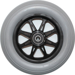 Front view of the 6 x 1 in. Eight Spoke Anti-Tip Caster Wheel for Pride Wheelchairs showing black rim, gray tread, and bearing