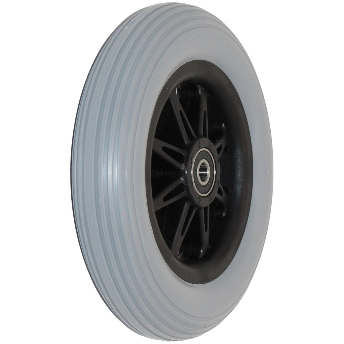 Angled view of the 6 x 1 in. Eight Spoke Anti-Tip Caster Wheel for Pride Wheelchairs showing gray ribbed urethane tread