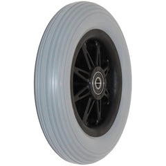 Angled view of the 6 x 1 in. Eight Spoke Anti-Tip Caster Wheel for Pride Wheelchairs showing gray ribbed urethane tread