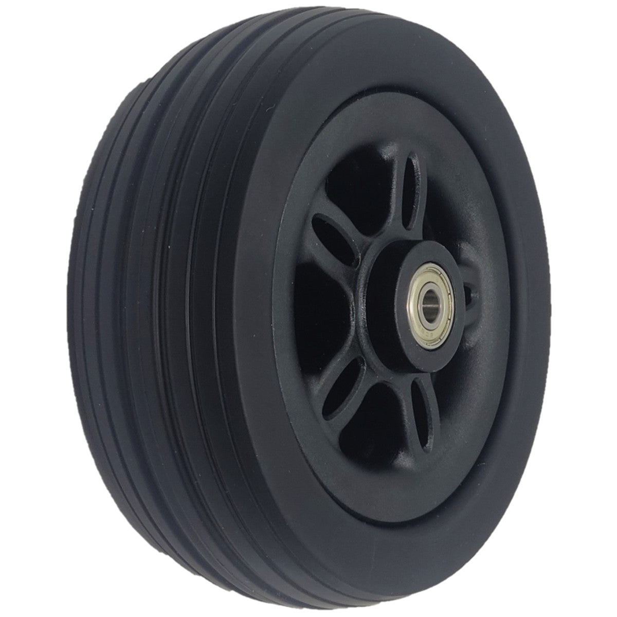 Angled view showing the 6 x 2 in. Caster Wheel Assembly for Merits Power Chairs with 2.4 in. Hub showing fully assembled wheel with Black rim and black tire
