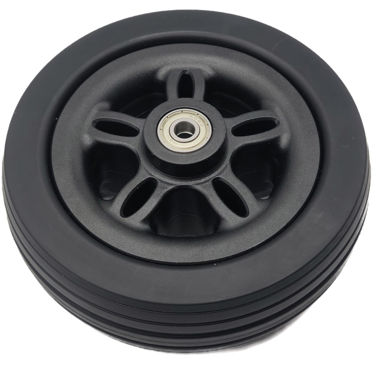 Top view showing the 6 x 2 in. Caster Wheel Assembly for Merits Power Chairs with 2.4 in. Hub showing assembled Black rim and tire