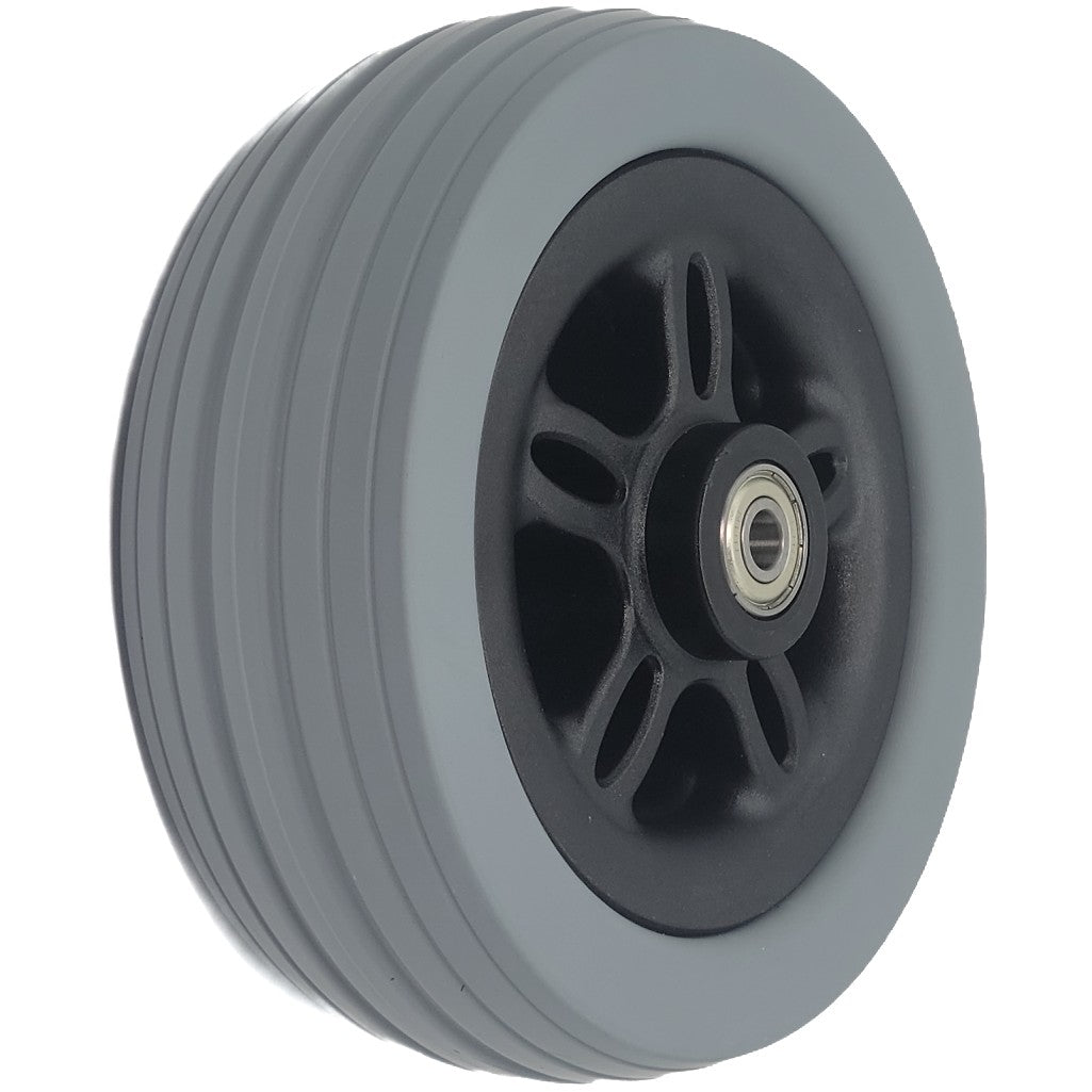 Angled view showing the 6 x 2 in. Caster Wheel Assembly for Merits Power Chairs with 2.4 in. Hub showing fully assembled wheel with 608Z bearing.