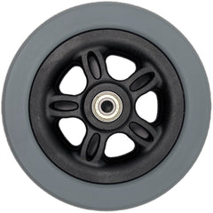 Top view showing the 6 x 2 in. Caster Wheel Assembly for Merits Power Chairs with 2.4 in. Hub showing light gray tire, black spoke rim and bearing