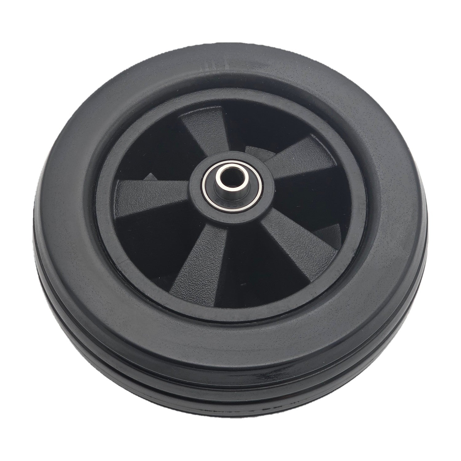 Angled view of the 6 x 2 in. Black Caster Wheel Assembly for Golden Compass and Alante features a five spoke hub and multi ribbed tread for a smooth comfortable ride.