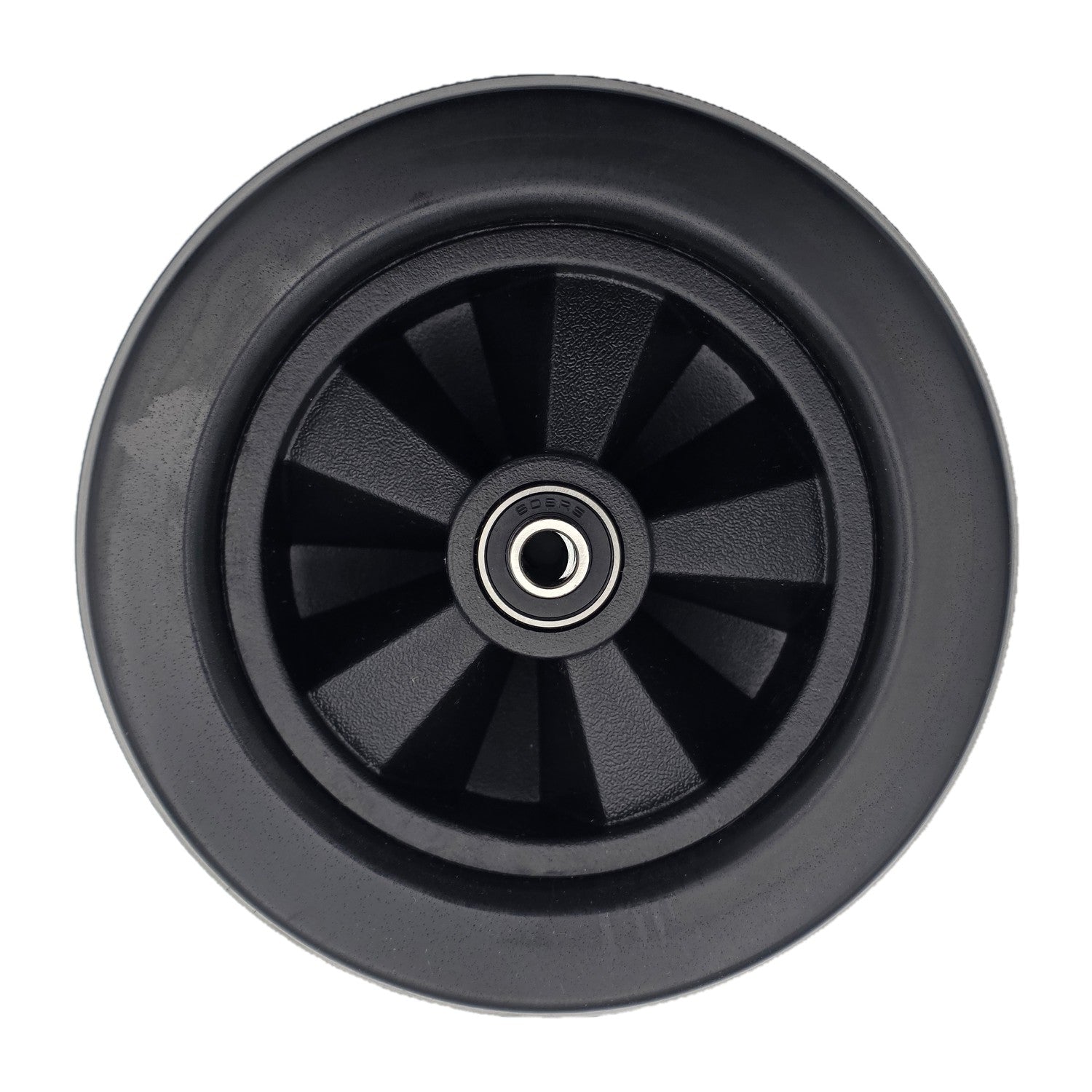 Side view of the 6 x 2 in. Black Caster Wheel Assembly for Golden Compass and Alante features a black five spoke hub and multi ribbed tread for a smooth comfortable ride. Fits front and rear caster wheels
