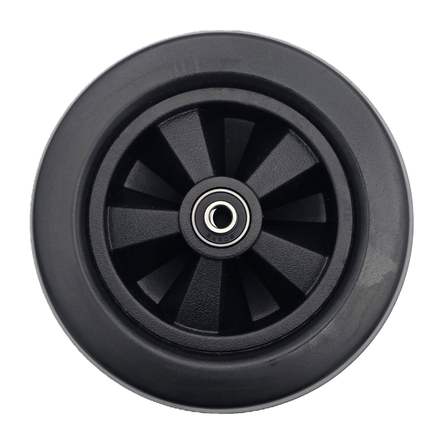 Side view of the 6 x 2 in. Black Caster Wheel Assembly for Golden Compass and Alante features a five spoke hub and multi ribbed tread for a smooth comfortable ride.
